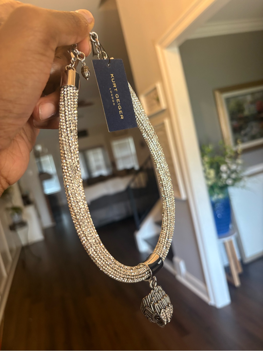 Kurt Geiger Silver Crystal Mesh Necklace With Owl Pendant
